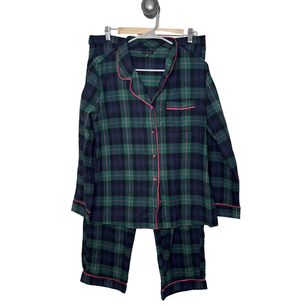 Talbots Green & Navy Plaid Pajama Set with Pink Piping - Picture 2 of 16